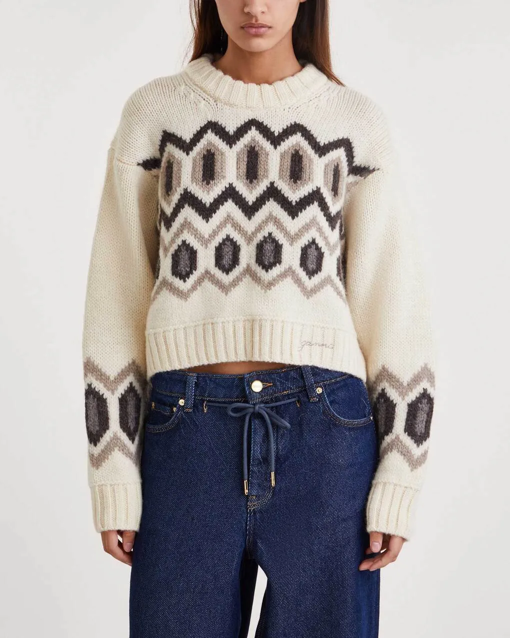 Ganni   Sweater Chunky Graphic Wool Cropped O-neck Egret 